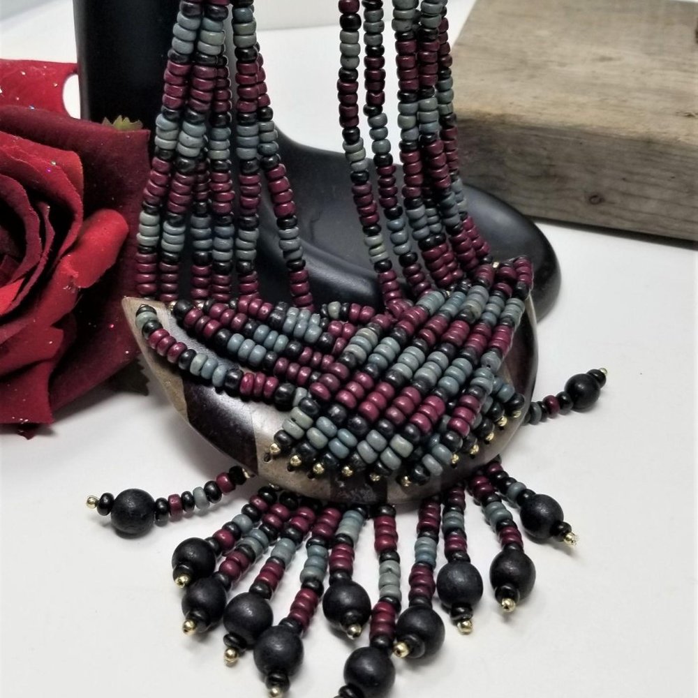 Burgundy & Gray multi Strand Wood Necklace